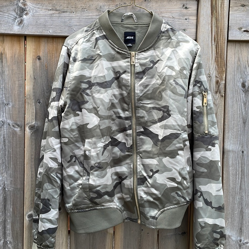 Satin camo bomber jacket with gold hardware